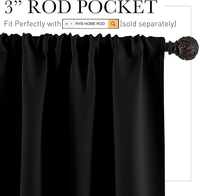 RYB HOME Short Blackout Curtains 2 Panels, Room Darkening Drapes for Girls Bedroom Heavy Duty Privacy Curtain Draperies for Bunk Bed Camper RV Bathroom, W29 x L 30 inches, Black