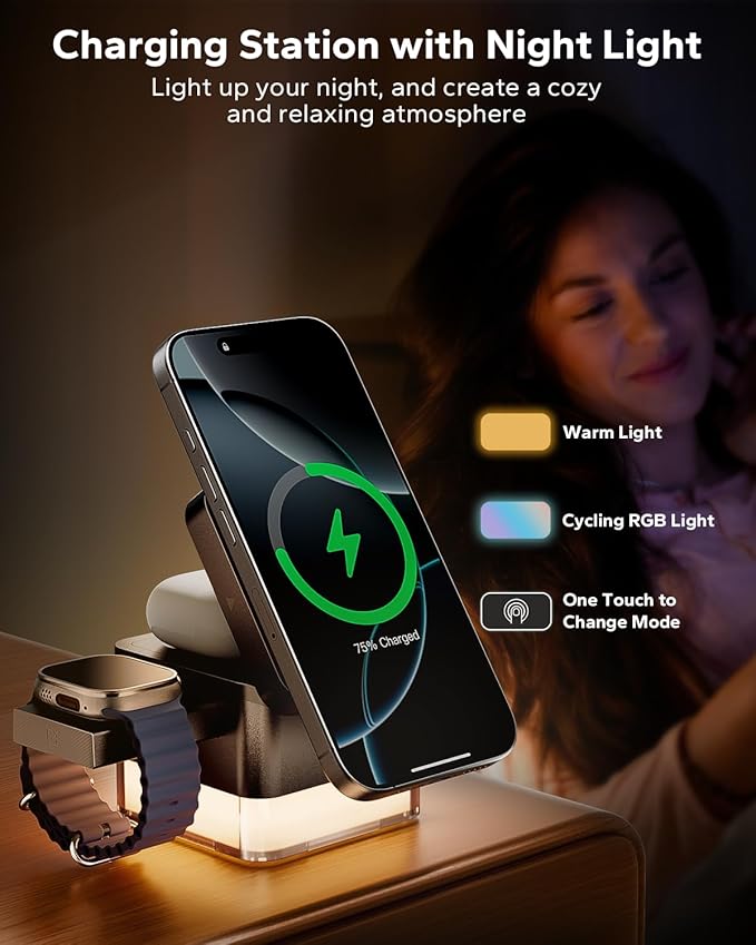 KPON for iPhone Nightstand Charging Station,15W 3 in 1 Wireless Phone Charger Stand with Night Lamp, Travel Foldable Magnetic Cube Magsafe Dock for iPhone 17 16 15 14 13 12 Series/Apple Watch/Airpods