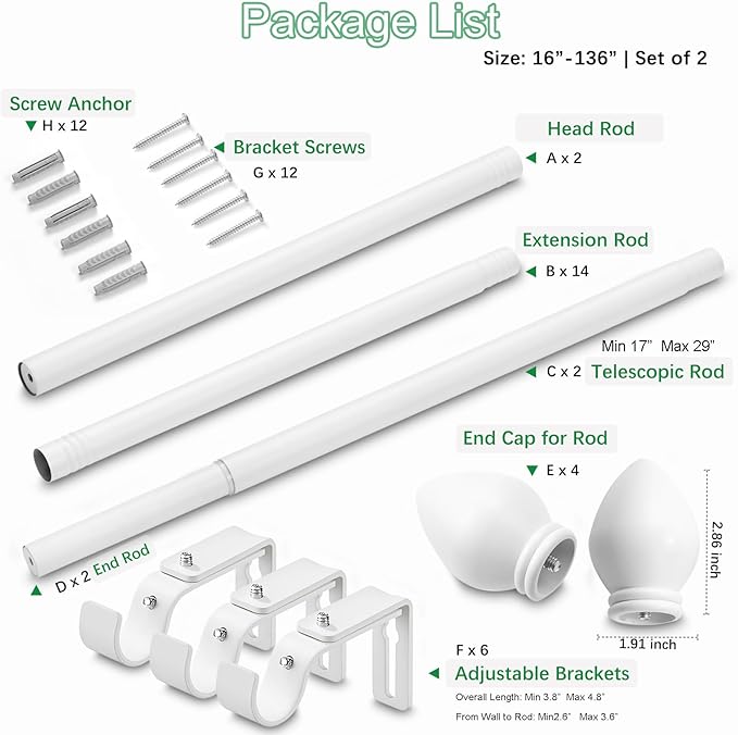 Curtain Rods for Windows 16 to 136 inches, Curtain Rod Max Adjustable Length to 146 in, Drapery Rod 1 inch Diameter with Modern Knobs Finials (White, 16" to 136" - Set of 2)