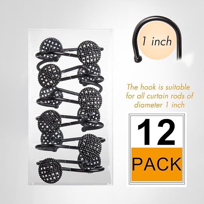 Pearlbee Black Shower Curtain Hooks Rings, Rust-Resistant Metal Glide Shower Hooks for Bathroom Shower Rods, Bathroom Accessories Set of 12 Hooks - Matte Black