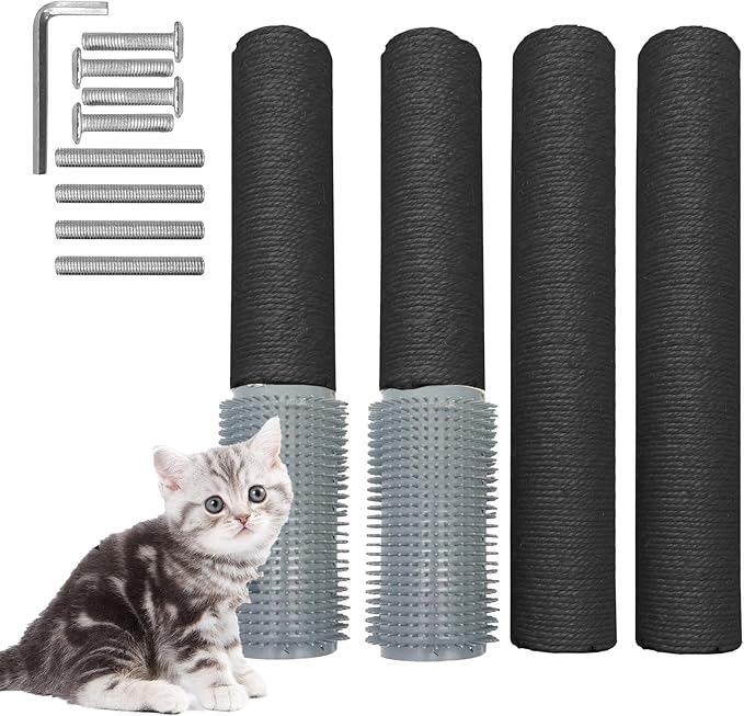 Fhiny 2PCS Cat Scratching Post Replacement, 15.7inch M8 Natural Sisal Cat Scratch Post with Cat Self Groomer Refill Pole Parts Kitten Climbing Furniture Protector Hemp Rope Scratcher for Spare Black