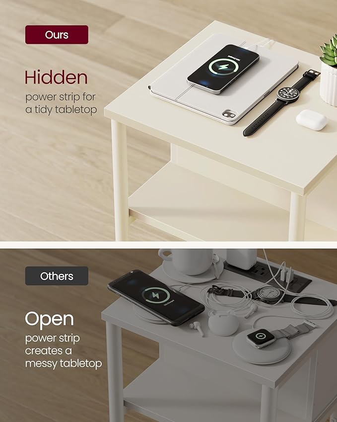 VASAGLE Side Table with Charging Station, 3-Tier End Table with USB Ports and Outlets, Nightstand for Living Room, Bedroom, 11.8 x 13.4 x 22.8 Inches, Plug-in Series, Cream White