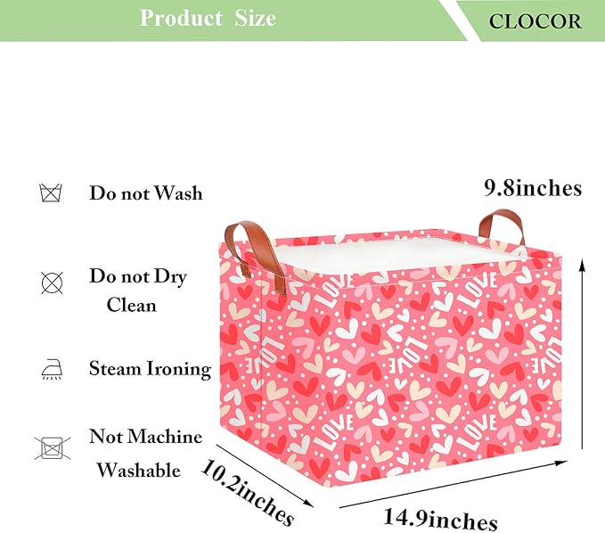 CLOCOR Rectangular Valentine's Day Basket,Pink Heart Print Gift Basket,Collapsible Fabric Storage Container(Full Love)