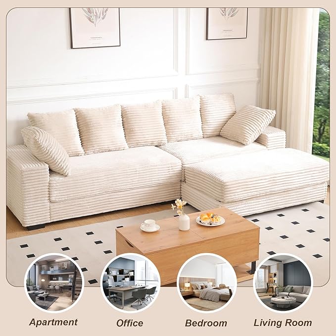 108" Oversized Sectional Sofa Modular Deep Seat Sofa Couch with Storage Ottoman, Modern Comfy Upholstered Cloud Couches, L-Shaped Corduroy Sofa Chaise with 8 Pillows for Living Room, Apartment, Beige
