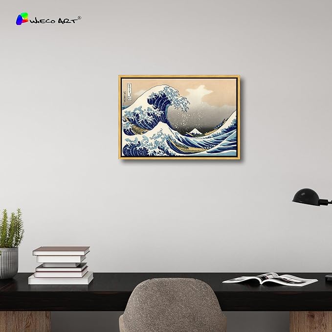 Wieco Art Framed Art Great Wave of Kanagawa Katsushika Hokusai Giclee Canvas Prints Wall Art Abstract Seascape Paintings for Home Living Room Decorations Bronze Gold Frame