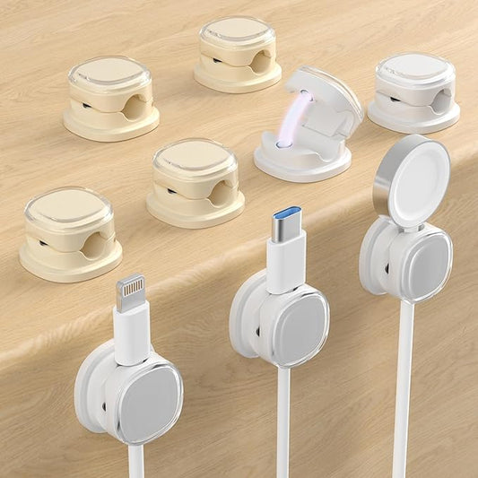 Magnetic Cable Clips, Adjustable Cord Holder Management, Adhesive Wire Keeper Organizer for Home Office Desk Phone PC Car Wall Desktop Nightstand Appliance (9-PCS White & Apricot)