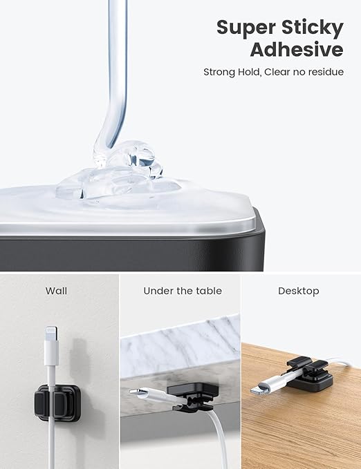 3-in-1 Cord Spring Clip Holder - Lamicall Small Clips for Desk Cable Organizer, Adhesive Adjustable Cable Holder for Charger Wire, USB Cord, Office, Car, Cord Management, Desk Accessories, 6Pcs