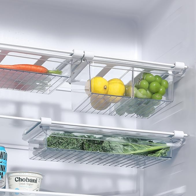 Pull-Out Fridge Drawer Organizer - Under Shelf Storage Bins for Refrigerator Organization for Fruits Vegetables, Cheese & Deli (Flat & Wide)