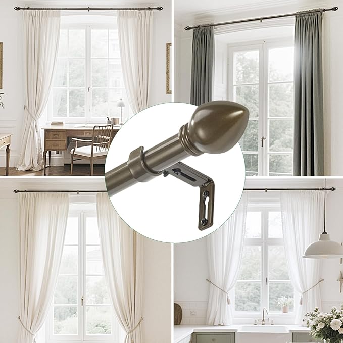 Curtain Rods for Windows 16 to 120 inches, Curtain Rod Max Adjustable Length to 132 in, Drapery Rod 1 inch Diameter with Modern Knobs Finials (Brown, 16" to 120" - Set of 1)