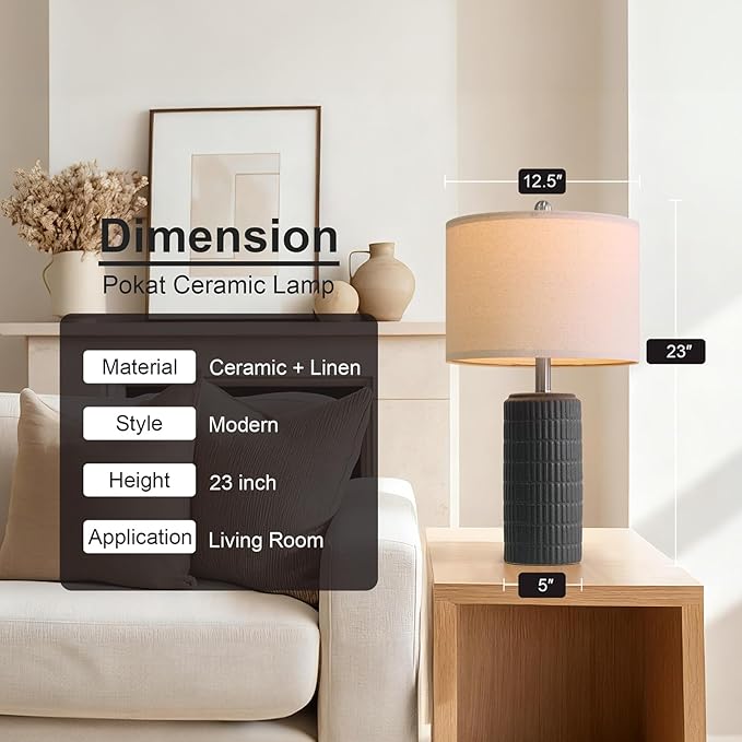 PoKat 23" Matte-Textured Ceramic Table Lamps Set of 2 for Bedroom, Stone-Like Modern Bedside Lamps for Night Stands, Farmhouse Nightstand Table Lamps Decor for Living Room End Table Black