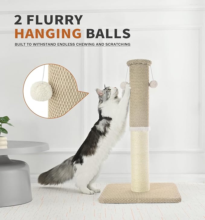 Made4Pets Tall Cat Scratching Post, Heavy Duty and Thicker Scratching Posts for Indoor Cats Adults, 33" Natural Sisal Cat Scratcher with Hanging Balls, Sturdy Base Cat Scratch Post, Beige