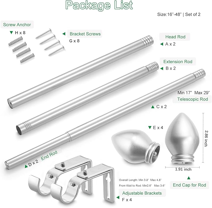 Curtain Rods for Windows 16 to 48 inches, Curtain Rod Max Adjustable Length to 60 in, Drapery Rod 1 inch Diameter with Modern Knobs Finials (Satin Silver, 16" to 48" - Set of 2)