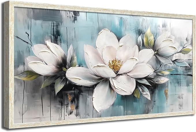 Ardemy Magnolia Wall Art Framed Large Canvas Wall Decor Living Room, White Floral Pictures Wall Decor Teal Paintings FlowerTextured Artwork for Bedroom Dining Room Home Office, 58"x29"