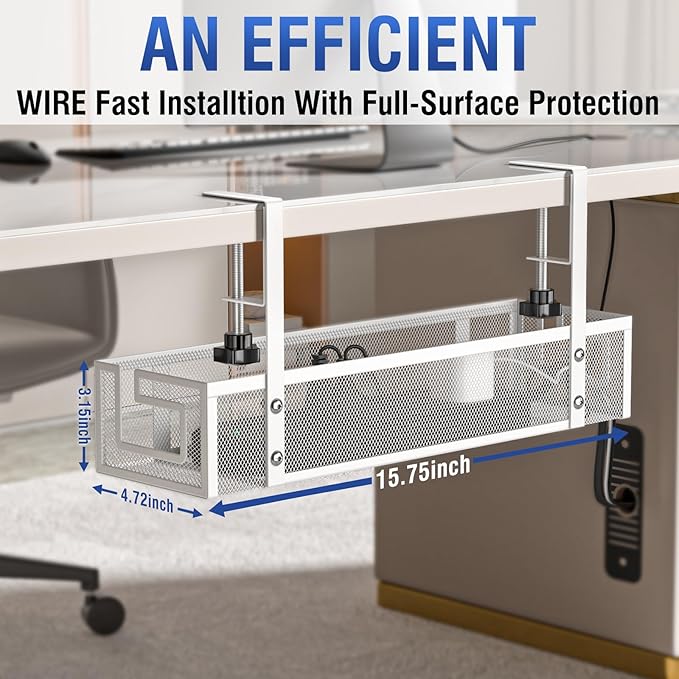 Under Desk Cable Management Tray - GZOKMOG No Drill Cord Organizer with Clamp, Reinforced Metal Mesh Workspace Organizers for Wire, Office Desk Accessories, 1 Pack White, 15.75 inch
