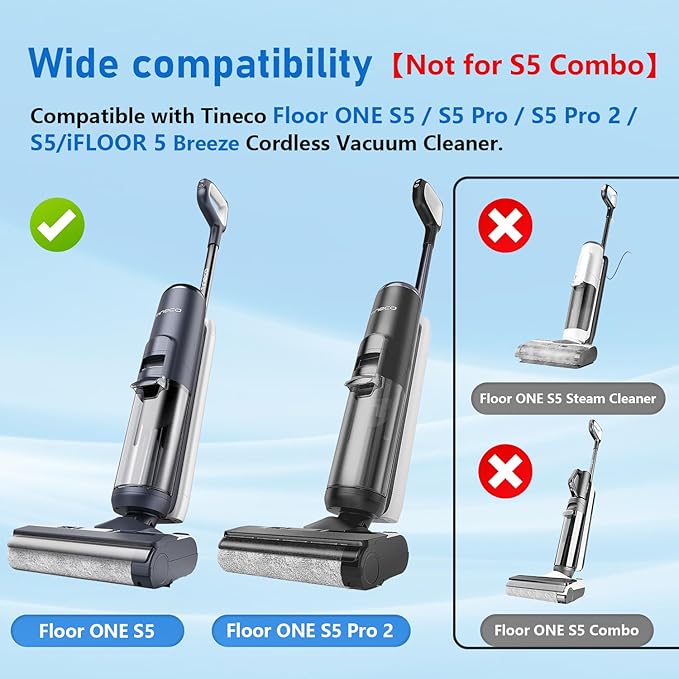 Floor ONE S5 Roller Brush Replacement and Vacuum Filter Kit Compatible with Tineco Floor ONE S5/S5 PRO 2/iFLOOR 5 Breeze Cordless Wet Dry Vacuum Cleaner, 2 Roller Brush, 2 Filters 【Not Fit S5 Combo】