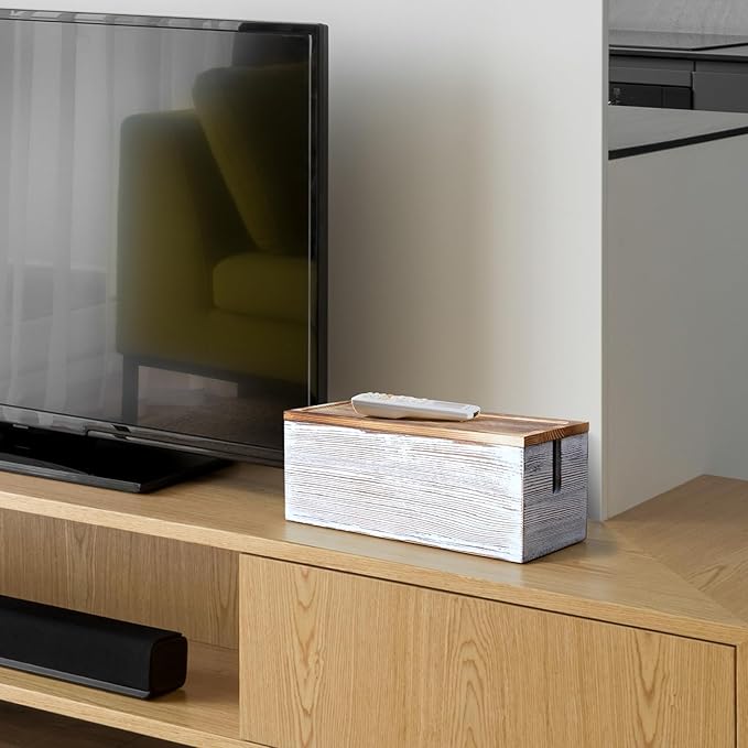 Large Cable Management Box, White Washed Wood Cord Organizer Box for Desk, Floor, Office to Hide Extension Cords Power Stripes Surge Protectors Chargers Wires