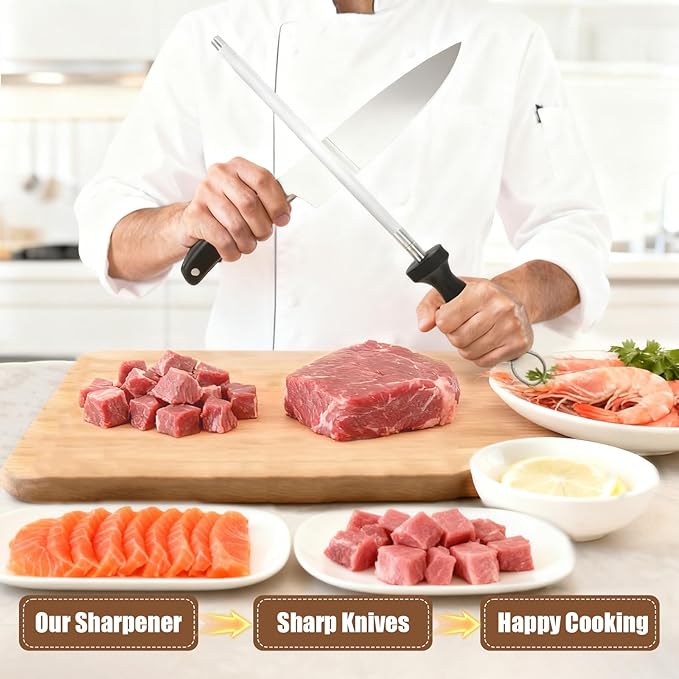 Professional 12-Inch Knife Sharpening Rod, High-Carbon honing rod to Sharpen the Knife Quickly, Perfect Knife Sharpener for Chefs and Home Cooks, Easy to Use & Sturdy