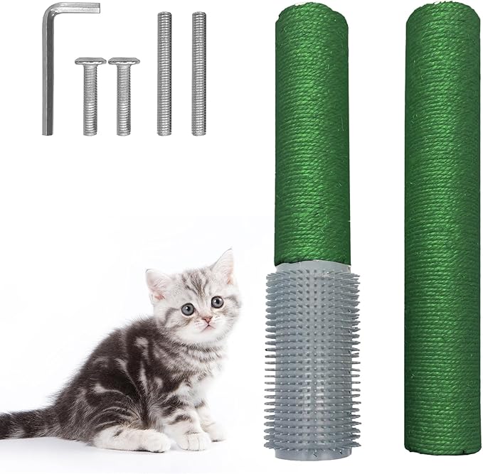 Fhiny 2PCS Cat Scratching Post Replacement, 15.7inch M8 Natural Sisal Cat Scratch Post with Cat Self Groomer Refill Pole Parts Kitten Climbing Furniture Protector Hemp Rope Scratcher for Spare Green
