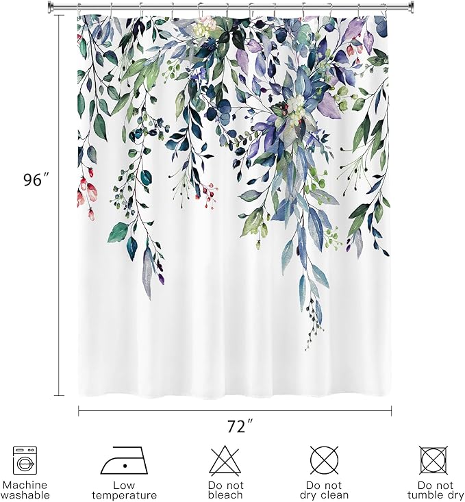 Extra Long Eucalyptus Shower Curtain 72 x 96 Inch, Green Botanical Floor to Ceiling X-Long Shower Curtain, Watercolor Plant Leaves with Floral Decorative Bathroom Curtain with Hooks