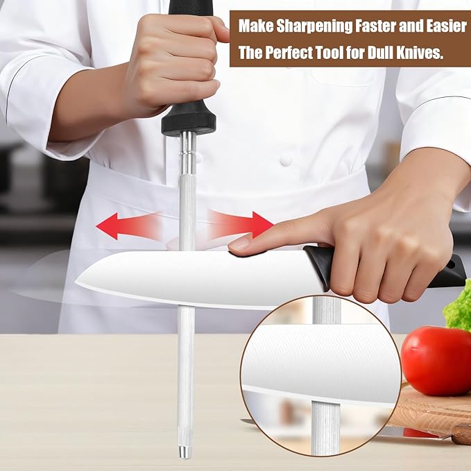Professional 12-Inch Knife Sharpening Rod, High-Carbon honing rod to Sharpen the Knife Quickly, Perfect Knife Sharpener for Chefs and Home Cooks, Easy to Use & Sturdy