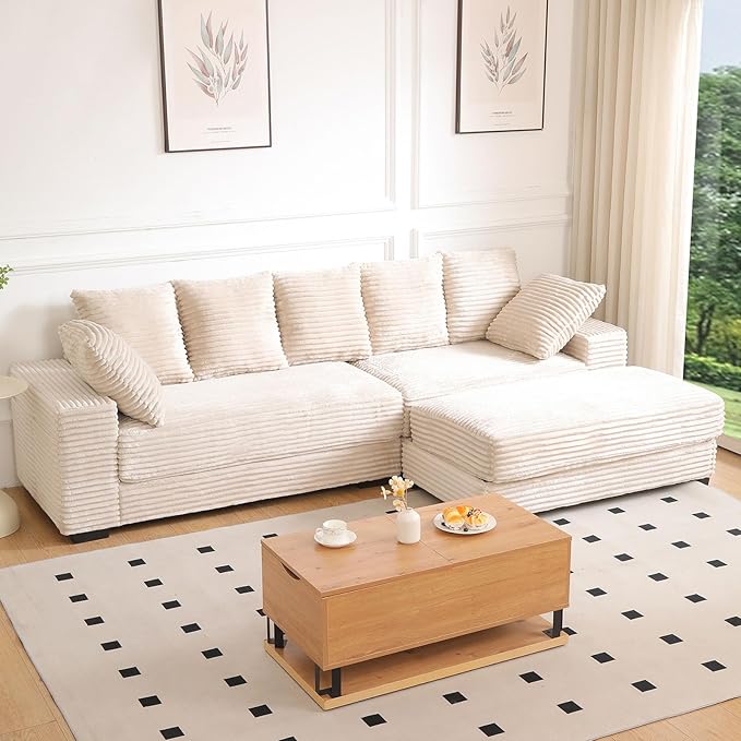 108" Oversized Sectional Sofa Modular Deep Seat Sofa Couch with Storage Ottoman, Modern Comfy Upholstered Cloud Couches, L-Shaped Corduroy Sofa Chaise with 8 Pillows for Living Room, Apartment, Beige