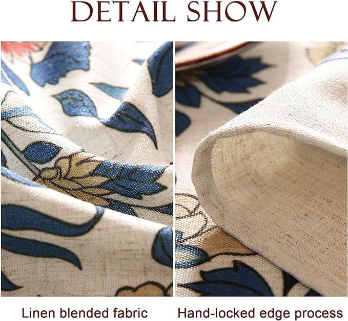 patdrea Designer Small Blue Tablecloth for Round Table,Vintage Linen Leaves and Floral Pattern Tablecloths,Farmhouse Decor Cover for Kitchen Dining Christmas,Thanksgiving,Diameter 55"-Ivar a