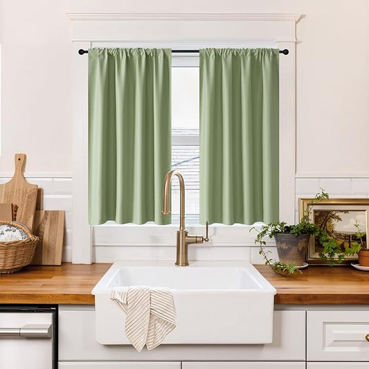 RYB HOME 100% Blackout Short Curtains for Small Window, Thermal Insulated Total Room Darkening Noise Reducing Curtains for Kitchen Bathroom Basement, 34 inches Wide by 45 inches Long, Sage Green