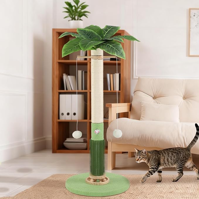 Cat Scratching Post,37.5'' Tall Sisal Cat Tree Scratching Post for Indoor Cat,Cat Scratcher with Cute Mouse Hole Toy,Interactive Ball and Rotating Ball Self Groomer Brush for Kittens Adults Cat