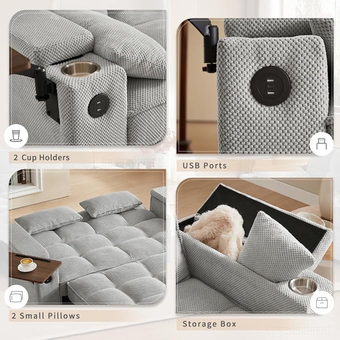 65'' Convertible Sleeper Sofa Bed with Adjustable Backrest, Chaise Lounge, Side Table & USB/Type-C Ports – Stylish & Functional Addition to Any Living Room (Fashion Light Grey)