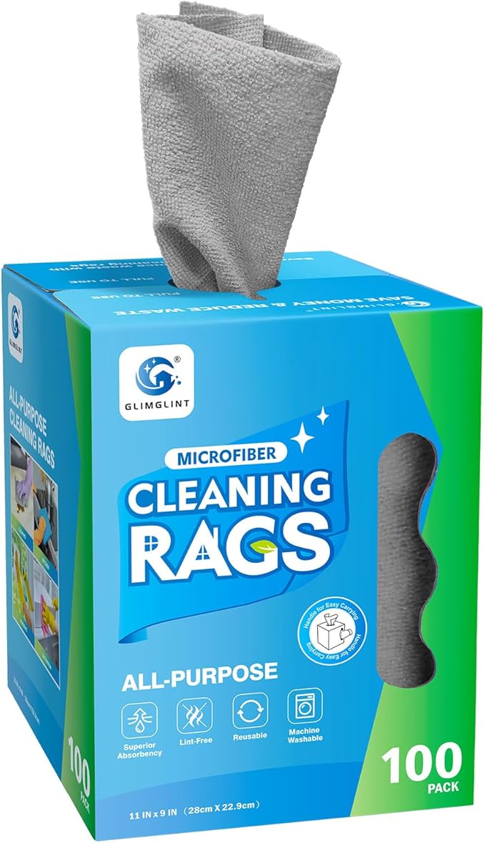 GLIMGLINT Microfiber Cleaning Cloth, 100 Pack Cleaning Rags, Lint-Free, Ultra Absorbent Reusable Paper Towels for Home, Kitchen, Car, Garage or Shop, Dish Rags, 11" x 9", Grey