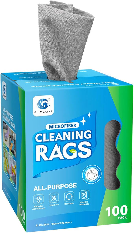 GLIMGLINT Microfiber Cleaning Cloth, 100 Pack Cleaning Rags, Lint-Free, Ultra Absorbent Reusable Paper Towels for Home, Kitchen, Car, Garage or Shop, Dish Rags, 11" x 9", Grey
