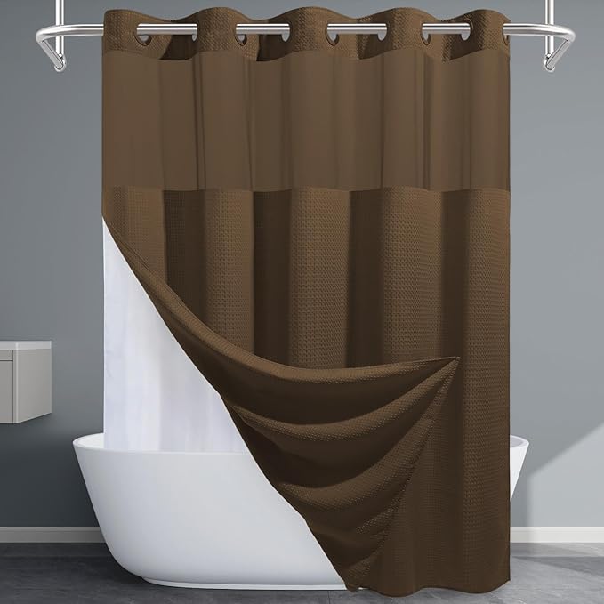 Brown No Hook Shower Curtain with Snap in Liner,230GSM Waffle Weave Shower Curtains for Bathroom,71W x 74H