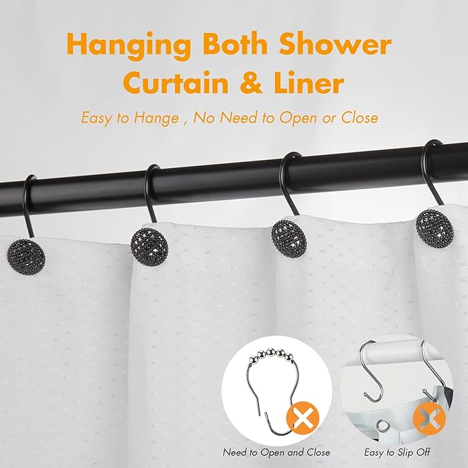Pearlbee Black Shower Curtain Hooks Rings, Rust-Resistant Metal Glide Shower Hooks for Bathroom Shower Rods, Bathroom Accessories Set of 12 Hooks - Matte Black