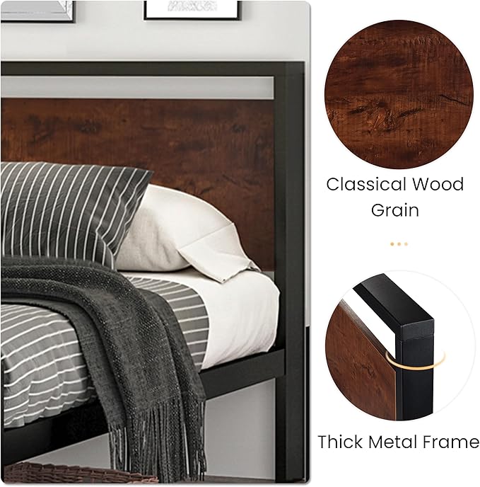 SHA CERLIN 14 Inch Queen Size Metal Platform Bed Frame with Wooden Headboard and Footboard, Mattress Foundation, No Box Spring Needed, Large Under Bed Storage, Non-Slip Without Noise, Mahogany