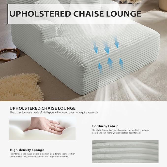 50 Inches Chaise Lounge Indoor, Oversized Chaise Lounge Chair with 3 Throw Pillows and Armrests, Corduroy Upholstered Plush Sofa Bed Lazy Chair Bed Sleeper Chair for Living Room Apartment (Light Grey)