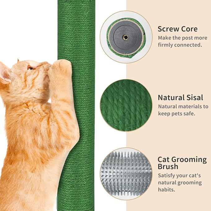 Fhiny 2PCS Cat Scratching Post Replacement, 15.7inch M8 Natural Sisal Cat Scratch Post with Cat Self Groomer Refill Pole Parts Kitten Climbing Furniture Protector Hemp Rope Scratcher for Spare Green