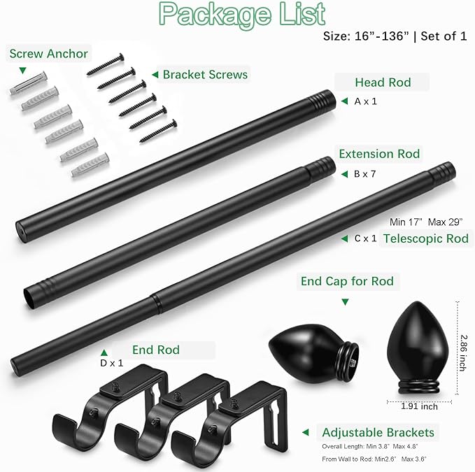 Curtain Rods for Windows 16 to 136 inches, Curtain Rod Max Adjustable Length to 146 in, Drapery Rod 1 inch Diameter with Modern Knobs Finials (Black, 16" to 136" - Set of 1)