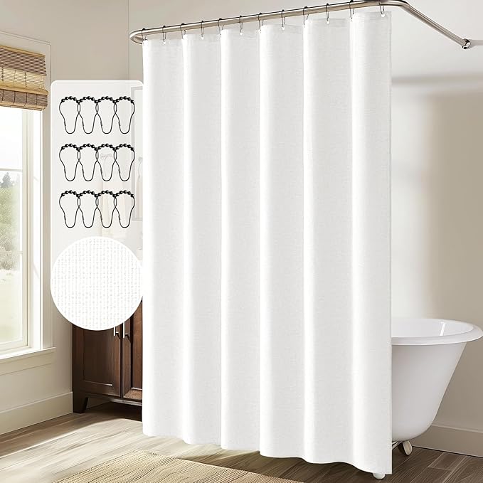 MIULEE Extra Long Linen Shower Curtain 80 Inches Long with 12 Metal Hooks Washable Heavy Fabric Shower Curtain Set Waterproof Thick Cloth Shower Curtain for Bathroom Hotel Bathtub,W72*L80,White