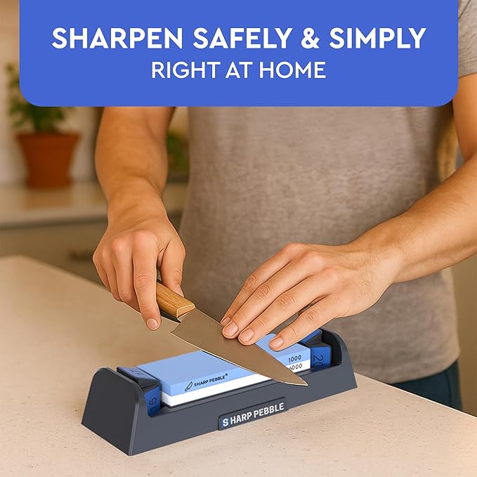Sharp Pebble Knife Sharpening Stone Kit-Grit 1000/6000 Wet Stone-Built In Angle Guides 15/17/20/22 Degrees- Professional Whetstone Knife Sharpener Stone Set with Plastic Base