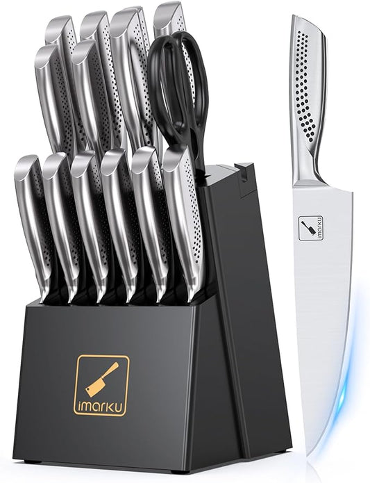 imarku® Kitchen Knife Set, 15 Pcs Japanese Knife Set with Block, Premium Razor-Sharp Chef Knives Set for Kitchen with Sharpener, Rust-Proof, Ergonomic Full-Tang Handle, Black