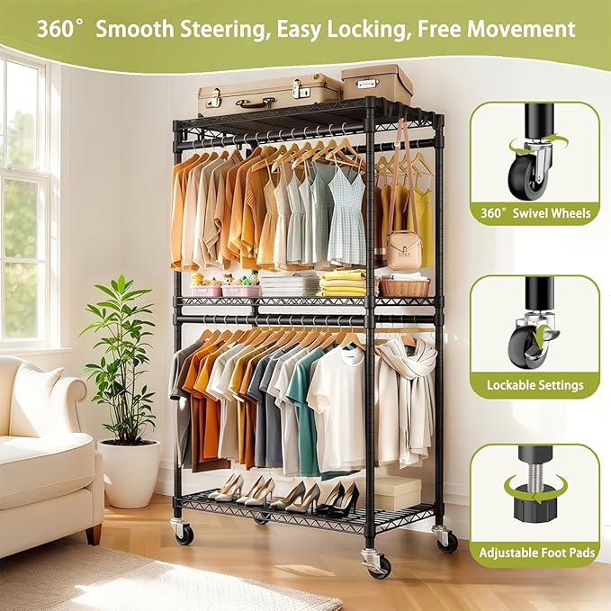 Heavy Duty Rolling Clothes Rack, 3 Tiers Adjustable Rolling Metal Garment Rack with 2 Clothes Rails and Side Hooks, Freestanding Portable Storage Closet Organizer on Wheels (Black)