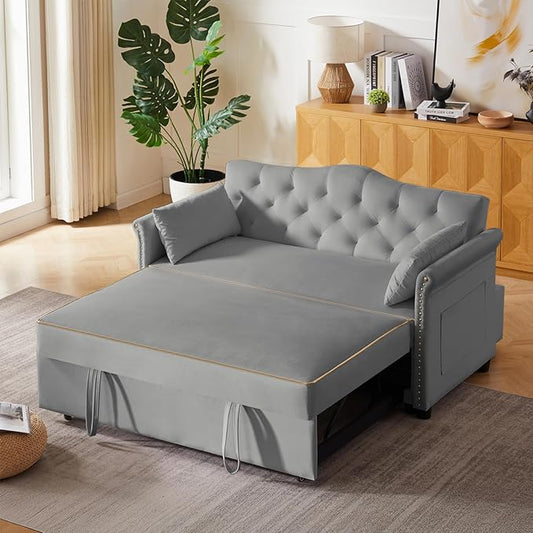 57'' Convertible Sleeper Sofa Bed with Adjustable Backrest, Chaise Lounge, 2 Pillows & Side Storage Pockets – Stylish & Functional Furniture for Living Room or Small Spaces (Grey Sofa Bed)