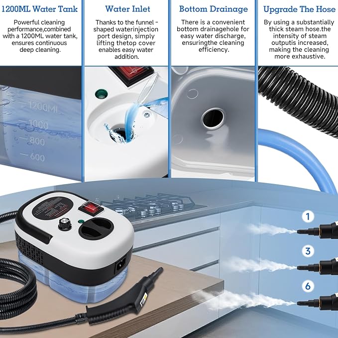 Steam Cleaner, 6-Level Adjustable Handheld Steamer Cleaning,1500W Steam Cleaner for Home, 15s Heat-Up, Portable Steamer for Cleaning Car, 40.58oz Tank, 10 Pcs Accessories for Grout, Couch, Furniture