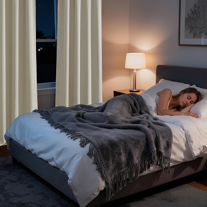 RYB HOME Bedroom Blackout Curtains 63 inches Long, 100% Blackout Thermal Insulated Noise Reducing Curtains for Living Room Nursury, 34 inches Wide by 63 inches Long, Natural