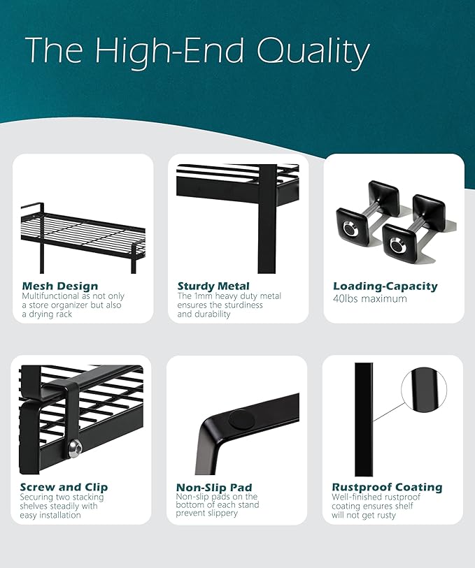 2Pack Cabinet Shelf Organizer Storage Rack Space Saving for Kitchen Counter Pantry Bathroom Cupboard Under Sink Office Table Desk Steel Stackable Rust Resistant Heavy Duty Nonslip 16” Black