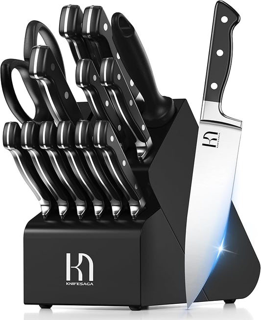 Knife Set, 15 Pcs Kitchen Knife Block Set, Enduring Razor-Sharp Japanese High Carbon Stainless Steel Chef Knife Set with Block and Sharpener, Premium Black Knives Set for Kitchen