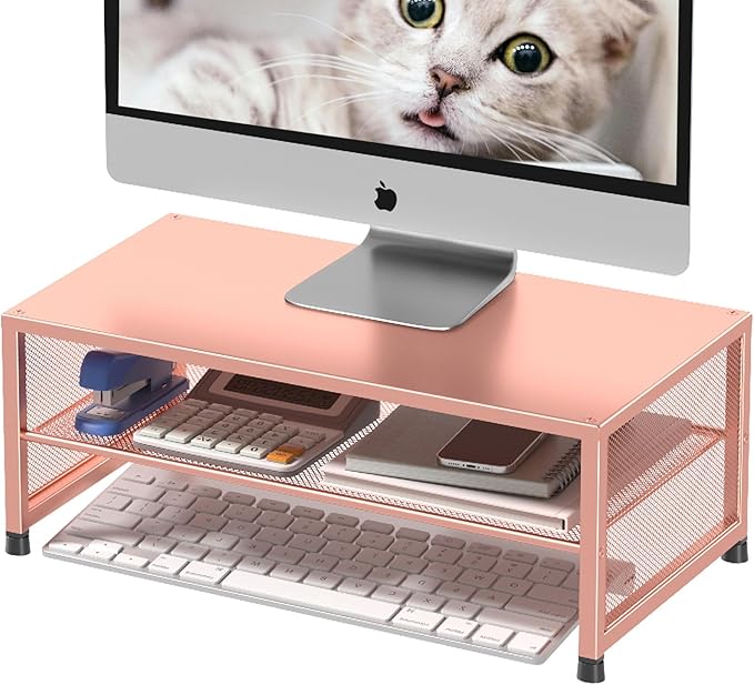 Desk Organizers and Accessories, 2-Tier Metal Computer Monitor Stand Riser, Desk Organizer for Monitor, Printer & Laptop Stand, Desktop Workspace Organizers for Office Supplies(Rose Gold)