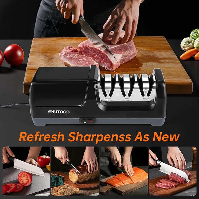 Knife Sharpener, Professional 3-Stage Electric Knife Sharpener for Kitchen Knives, 100% Diamond Abrasive for 20° Precision Angle Guide, Quickly Sharpening and Polish Blades