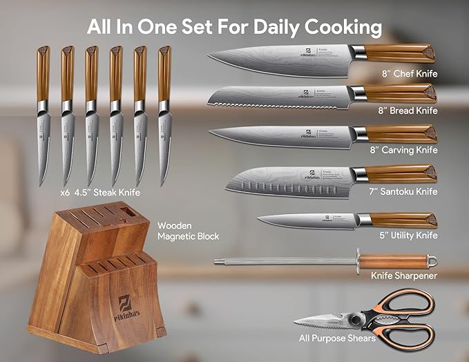 Kitchen Knife Sets With Block, Piklohas 15 Pieces Knife Sets With Magnetic Detachable Knife Holder, High Carbon Steel Damascus Pattern Chef Knife Set With Steak Knives, Ideal For House Warming Gift