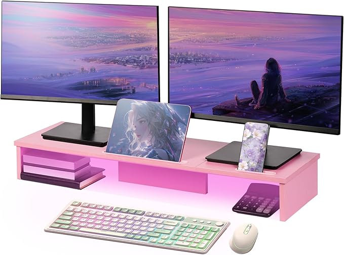 Dual Monitor Stand Riser with LED Lights and Phone Tablet Holder, 35.8in Large Monitor Stand for Desk, Computer Monitor Stand for 2 Monitors, Desktop Shelf Organizer for Laptop, Printer, TV
